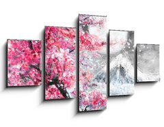 Obraz   oil painting landscape with sakura and mountain, hand drawn illustration, Japan, 125 x 70 cm