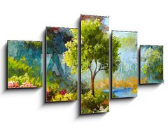 Obraz 5D ptidln - 125 x 70 cm F_GS131023522 - oil painting, flowers and trees near the river, sunset