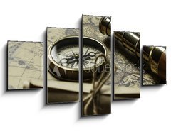 Obraz   Retro compass with old map and spyglass, 125 x 70 cm