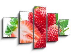 Obraz 5D ptidln - 125 x 70 cm F_GS190279606 - Three strawberries with strawberry leaf on white background.