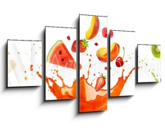 Obraz 5D ptidln - 125 x 70 cm F_GS197062948 - mixed fruit falling into juices splashing on white background - smen ovoce spadajc do vy stkajc na blm pozad
