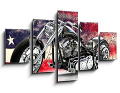 Obraz 5D ptidln - 125 x 70 cm F_GS218075283 - Custom black motorcycle with American flag background with dispersion effects. Made in America concept. 3d rendering