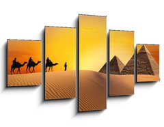 Obraz 5D ptidln - 125 x 70 cm F_GS22138897 - Pyramid, camel and sunset - Pyramid, velbloud a zpad slunce