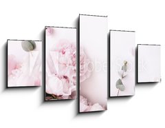 Obraz 5D ptidln - 125 x 70 cm F_GS235909172 - Beautiful, tender fresh blossoming aromatic pink Peony flowers and eucalyptus branches on the white background, top view, flat lay