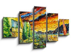 Obraz 5D ptidln - 125 x 70 cm F_GS277362459 - Impressionism oil painting landscape paint art Red sea ship, scarlet sails, sunset over mountains, yellow