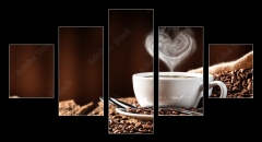 Obraz 5D ptidln - 125 x 70 cm F_GS286399259 - White Cup Of Hot Coffee With Heart Shaped Steam On Old Weathered Table With Burlap Sack And Beans
