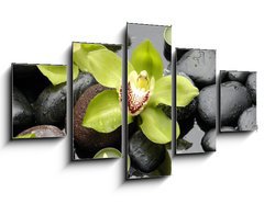 Obraz   therapy stones and orchid flower with water drops, 125 x 70 cm