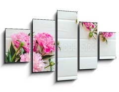 Obraz 5D ptidln - 125 x 70 cm F_GS313371368 - Pink peony flowers on white wooden table. womans day or wedding background. Top view.