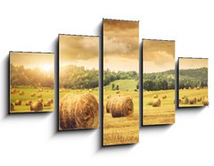 Obraz ptidln 5D - 125 x 70 cm F_GS31838189 - Field of freshly bales of hay with beautiful sunset