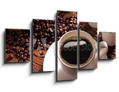 Obraz 5D ptidln - 125 x 70 cm F_GS41409158 - Coffee cup with burlap sack of roasted beans
