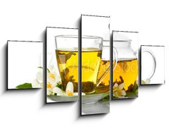 Obraz 5D ptidln - 125 x 70 cm F_GS42891887 - green tea with jasmine in cup and teapot isolated on white