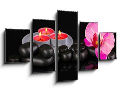 Obraz 5D ptidln - 125 x 70 cm F_GS44325294 - Spa stones with orchid flower and candles isolated on black