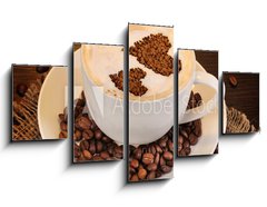 Obraz   Latte on wooden table on brown background, 125 x 70 cm