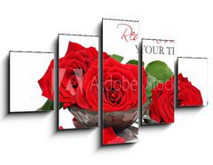 Obraz   Red roses and petals in a wooden spa bowl, 125 x 70 cm