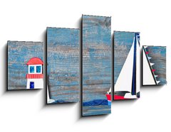 Obraz   Sommerlicher Hintergrund aus Holz in Blau mit Segelboot, 125 x 70 cm