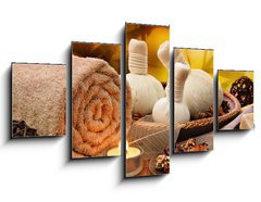 Obraz 5D ptidln - 125 x 70 cm F_GS55741777 - Massage background with rolled towel, spa balls and candlelight