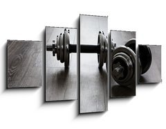 Obraz 5D ptidln - 125 x 70 cm F_GS60282461 - dumbells on wooden floor - inky na devn podlaze