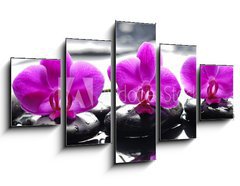 Obraz   Three orchid flower and stones with reflection in water drops, 125 x 70 cm