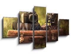 Obraz   fotocamera e valigia vintage e reflex, 125 x 70 cm