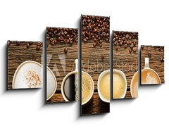 Obraz 5D ptidln - 125 x 70 cm F_GS70894369 - Variety of cups of coffee and coffee beans on old wooden table