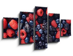 Obraz 5D ptidln - 125 x 70 cm F_GS78821273 - blueberies, raspberries and black berries shot top down - blueberies, maliny a ern bobule zastelen shora dol