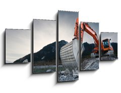 Obraz 5D ptidln - 125 x 70 cm F_GS81423741 - heavy organge excavator with shovel standing on hill with rocks