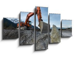 Obraz   huge shovel excavator standing on gravel hill with stone rock, 125 x 70 cm