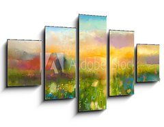 Obraz 5D ptidln - 125 x 70 cm F_GS90987549 - Oil painting  flowers dandelion, cornflower, daisy in fields. Sunset  meadow landscape with wildflower, hill and sky in orange and blue color background. Hand Paint summer floral Impressionist style