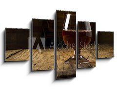 Obraz   Glass white wine and bunch grapes on background of wooden , 125 x 70 cm