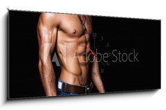Obraz s hodinami   Muscular and sexy torso of young man in jeans, 120 x 50 cm