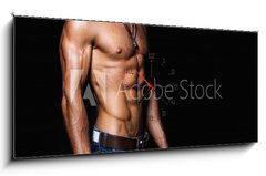 Obraz s hodinami 1D panorama - 120 x 50 cm F_AB101799642 - Muscular and sexy torso of young man in jeans - Svalnatý a sexy trup mladého muže v džínách