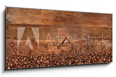 Obraz s hodinami 1D panorama - 120 x 50 cm F_AB104485723 - coffee background with beans on rustic old oak wood - káva pozadí s fazolemi na rustikální staré dubové dřevo