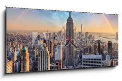 Obraz s hodinami 1D panorama - 120 x 50 cm F_AB113869179 - New York City skyline with urban skyscrapers and rainbow.