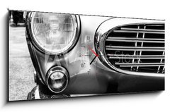 Obraz s hodinami 1D panorama - 120 x 50 cm F_AB114196795 - Black and white photo of classic car- vintage film grain filter effect styles - ernobl fotografie klasickho auta