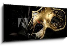 Obraz s hodinami 1D panorama - 120 x 50 cm F_AB11491413 - ornate carnival mask over black silk background - ozdobná karnevalová maska ??na pozadí černého hedvábí