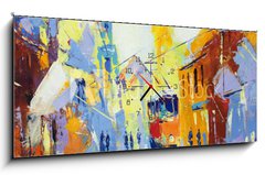 Obraz s hodinami 1D panorama - 120 x 50 cm F_AB115059065 - an original oil painting on canvas cubism style, parto of cubism landscapes collection, jut and ordinary day in the city, urban, city life,. - originln olejomalba na pltn, kubismus, st sbrky krajin kubismu, jut a obyejn den ve mst, mstsk, mstsk ivot.