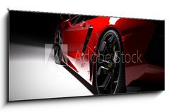 Obraz s hodinami   Red fast sports car in spotlight, black background. Shiny, new, luxurious., 120 x 50 cm