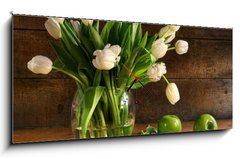 Obraz s hodinami 1D panorama - 120 x 50 cm F_AB11553588 - White tulips in glass vase on rustic wood