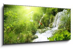 Obraz s hodinami 1D panorama - 120 x 50 cm F_AB11750042 - wateterfall in deep forest