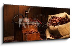 Obraz s hodinami 1D panorama - 120 x 50 cm F_AB11872422 - Antique coffee grinder with beans