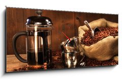 Obraz s hodinami   Sack of coffee beans with french press, 120 x 50 cm