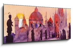 Obraz s hodinami 1D panorama - 120 x 50 cm F_AB120336963 - Prague Charles Bridge at sunset, watercolor painting, the last rays of the setting sun, statues and lilac, red and purple tones - Prask Karlv most pi zpadu slunce, akvarel, posledn paprsky zapadajcho slunce, sochy a ek, erven a fialov tny