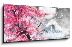 Obraz s hodinami   oil painting landscape with sakura and mountain, hand drawn illustration, Japan, 120 x 50 cm