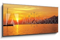 Obraz s hodinami   Panoramic view of Sailing at sunset with mountains, 120 x 50 cm