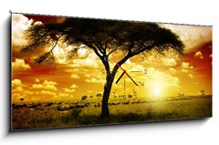 Obraz s hodinami 1D panorama - 120 x 50 cm F_AB12197040 - Africa Sunset - Afrika Západ slunce