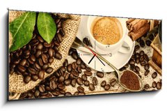 Obraz s hodinami 1D panorama - 120 x 50 cm F_AB122026658 - Cup of hot black coffee with old wooden mill grinder - Šálek horké černé kávy se starou dřevěnou mlýnskou mlýnu
