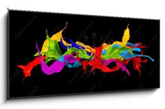 Obraz s hodinami 1D panorama - 120 x 50 cm F_AB122947022 - abstract color splashes on black background - abstraktn barevn ckance na ernm pozad