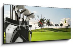 Obraz s hodinami 1D panorama - 120 x 50 cm F_AB12351119 - golf equipment and course - golfové vybavení a kurz