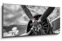 Obraz s hodinami 1D panorama - 120 x 50 cm F_AB123654629 - Close up of old airplane in black and white - Zblzka starho letadla v ern a bl