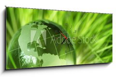Obraz s hodinami 1D panorama - 120 x 50 cm F_AB12451879 - Glass earth in grass - Skleněná země v trávě